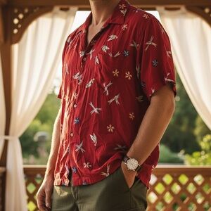 Men's Red Hawaiian Shirt Floral Casual Button Down Shirt